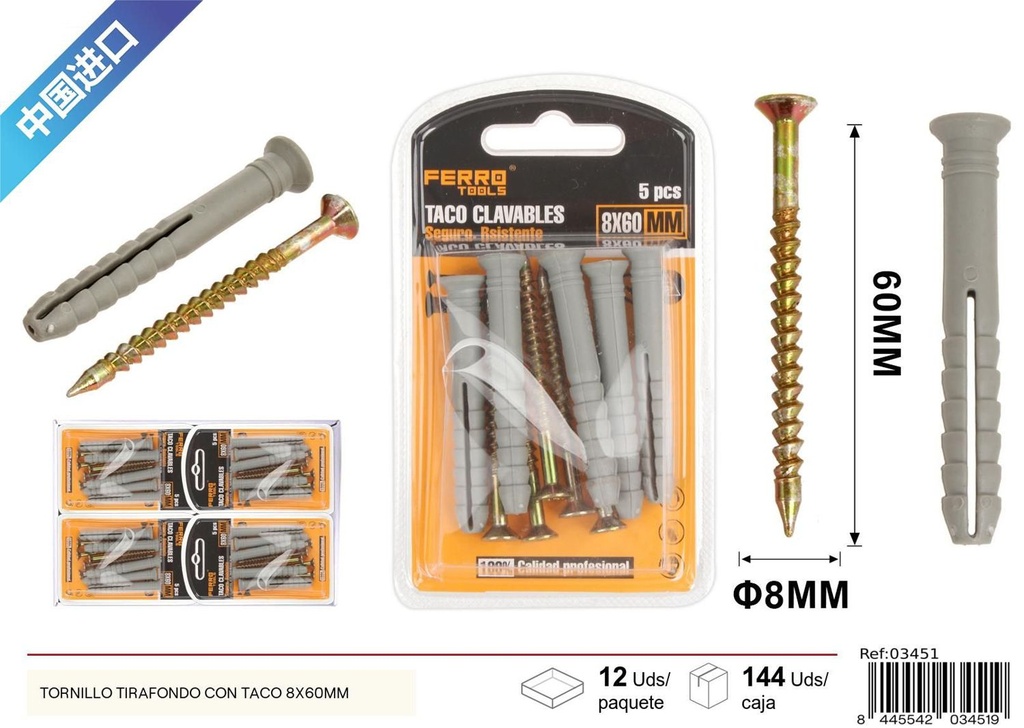 Tornillo tirafondo con taco 8X60MM, accesorios de ferretería
