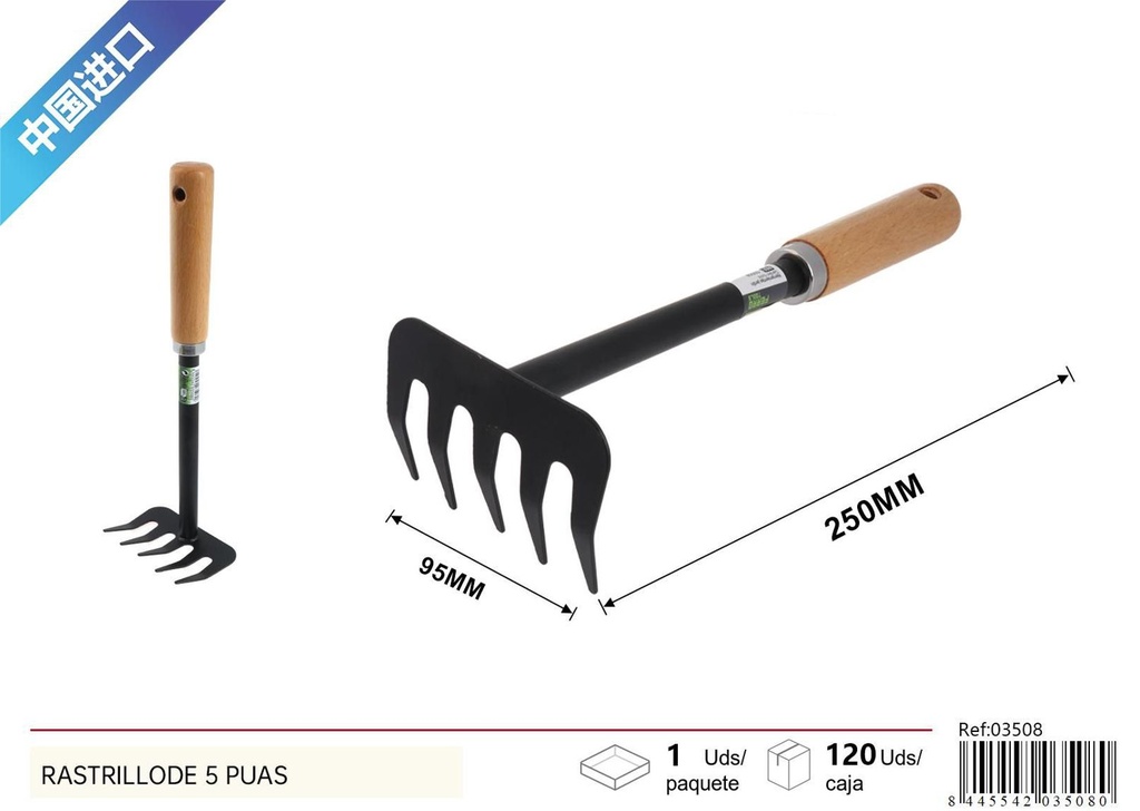 Rastrillo de madera de 5 púas con mango negro - Herramienta de jardinería