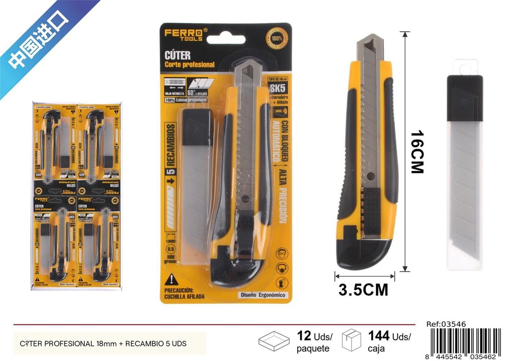 Cutter profesional 18 mm + recambio 5 uds - Herramientas de ferretería