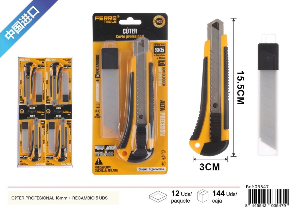 Cúter profesional 18mm + recambio 5 uds - Herramientas de ferretería y corte