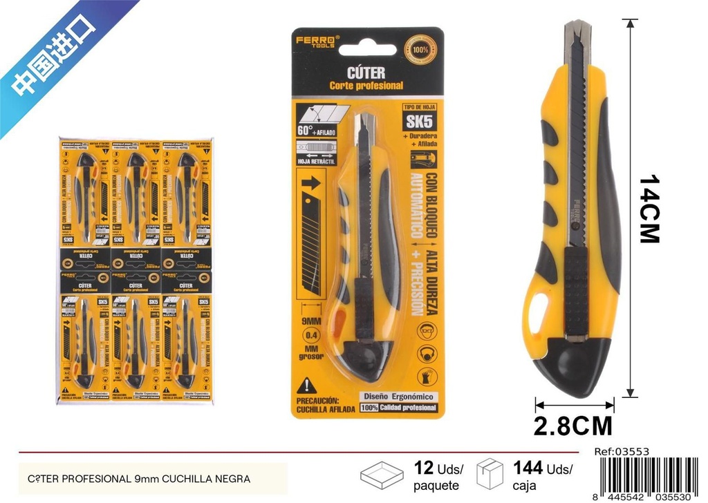 Cúter Profesional 9mm Cuchilla Negra - Herramientas de Ferretería