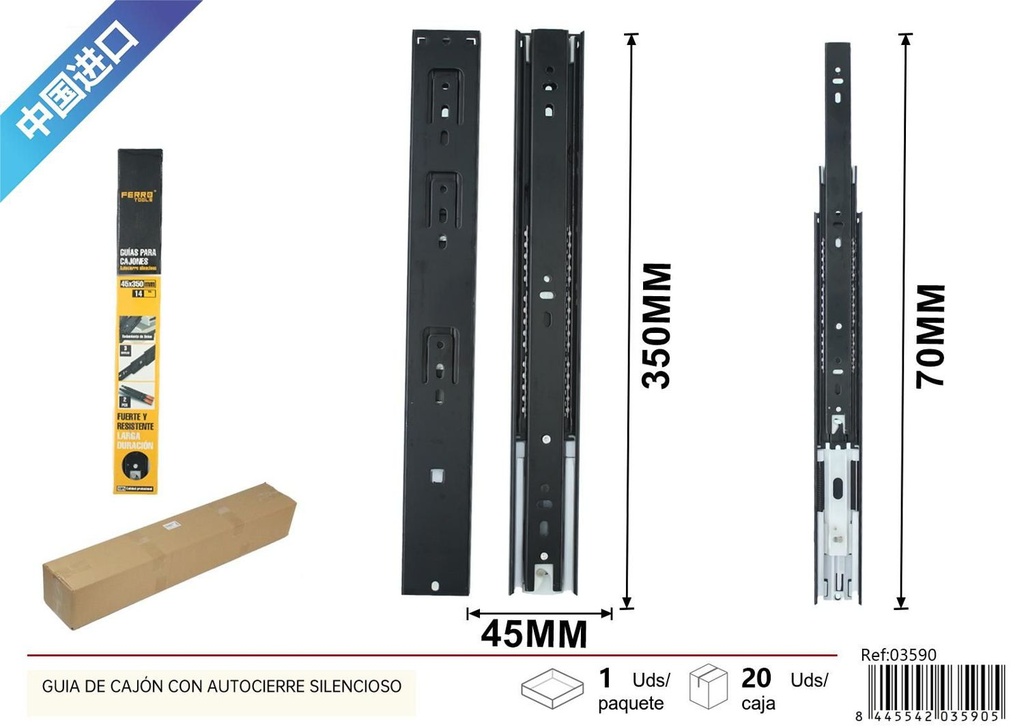 Guía de cajón con autocierre silencioso 45*350 mm - Ferretería y herrajes
