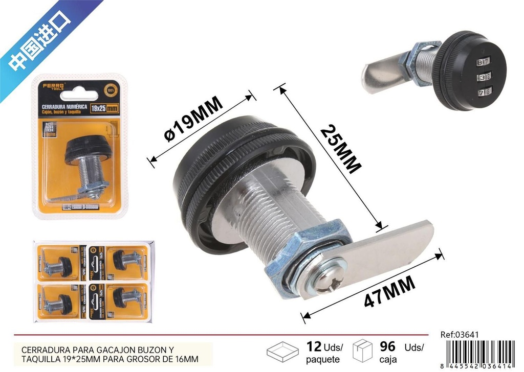 Cerradura numérica para cajón, buzón y taquilla 19x25mm grosor 16mm negra