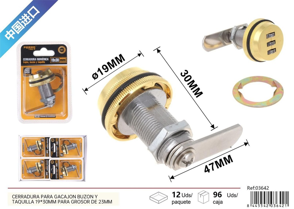 Cerradura numérica para cajón buzón y taquilla 19x30mm grosor 23mm oro para seguridad