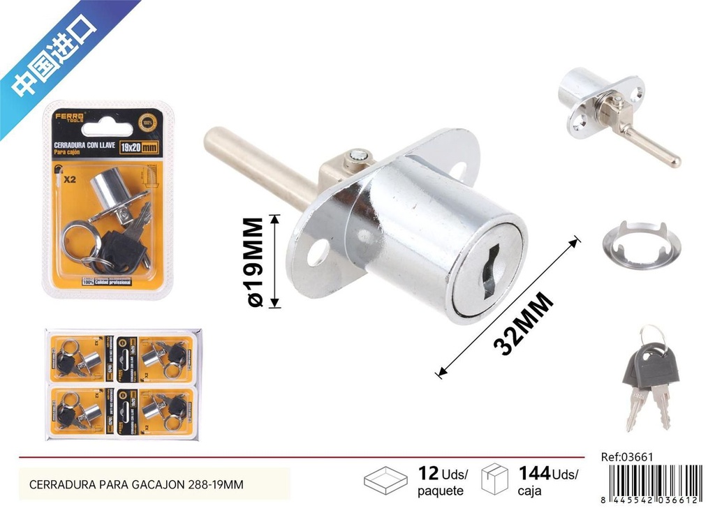 Cerradura para cajón con llave 288-19 mm - Accesorios de ferretería