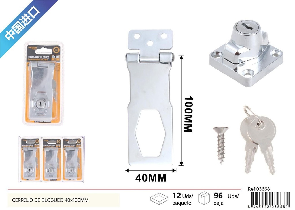 Cerrojo de bloqueo con llave 40x100mm - Accesorios de ferretería