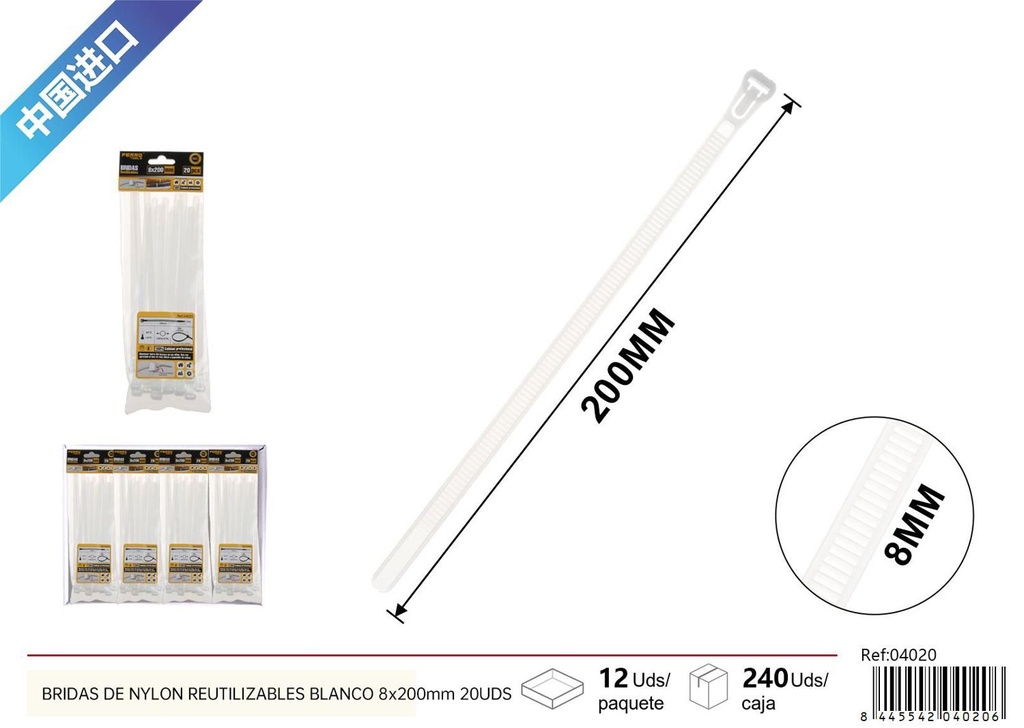 Bridas de nylon reutilizables blancas 8*200 mm 20 pcs - Accesorios de ferretería