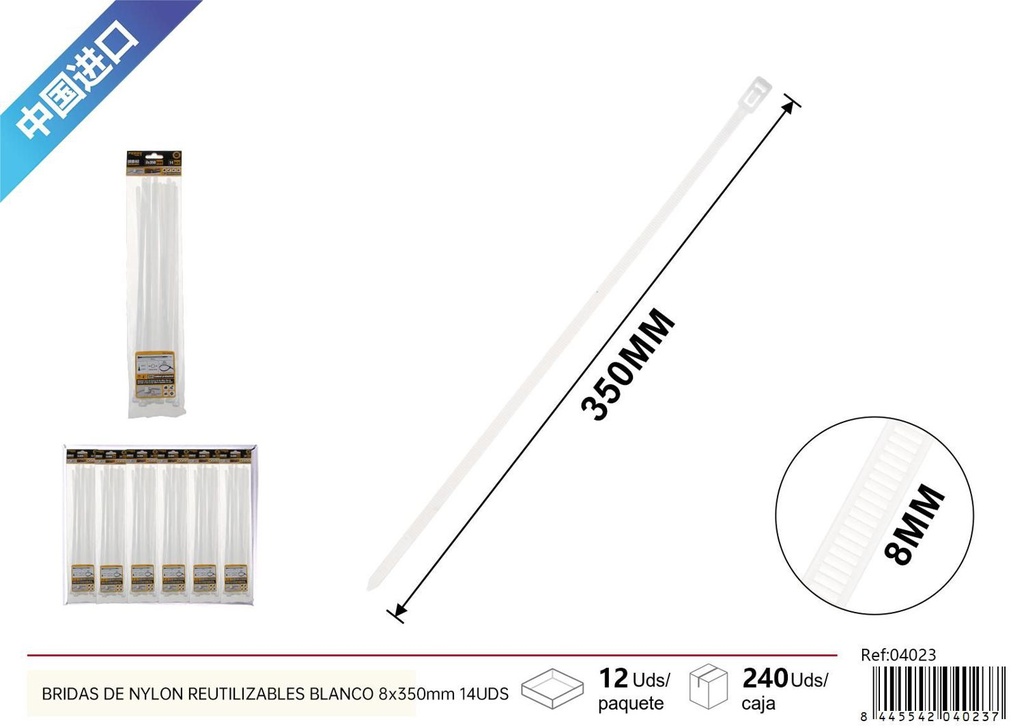  Bridas de nylon reutilizables blancas 8*350 mm 14 pcs - Accesorios de ferretería