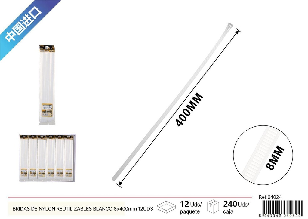 Bridas de nylon reutilizables blancas 8*400 mm 12 pcs - Accesorios de ferretería