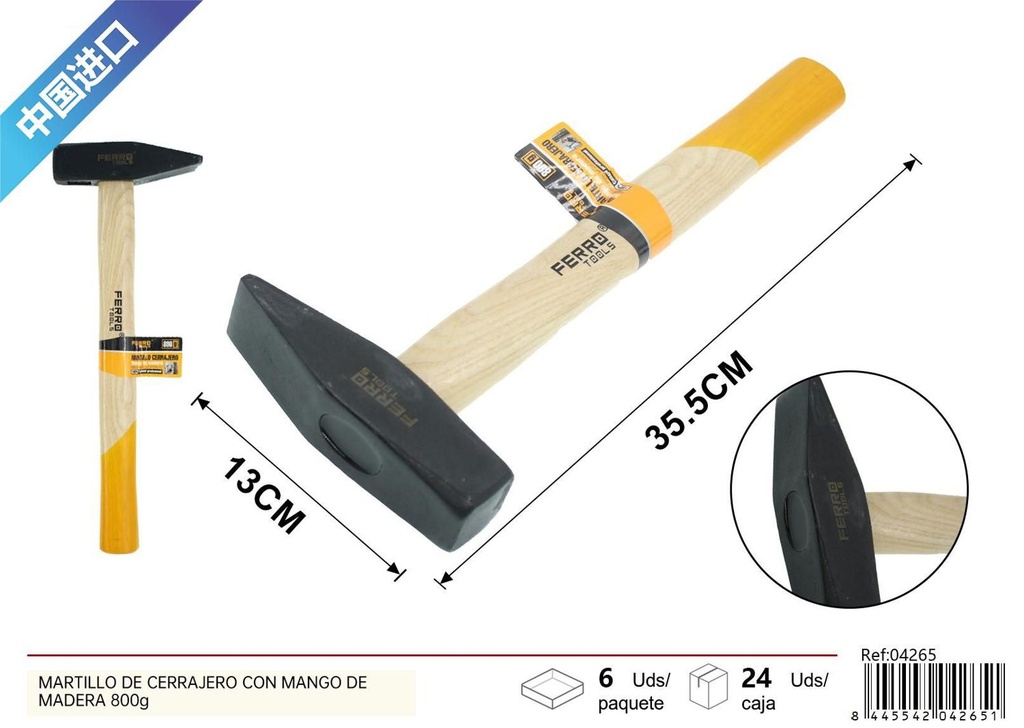 Martillo de cerrajero con mango de madera 800 g - Herramientas de ferretería