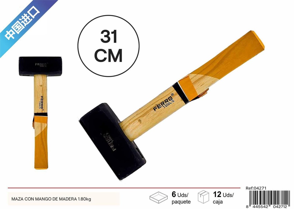 Maza con mango de madera 1.80kg - Herramientas de ferretería