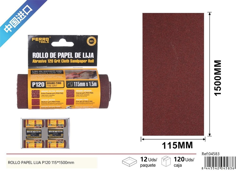  Papel lija P120 115*1500 mm - Herramientas de ferretería