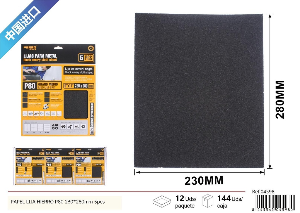 Papel lija hierro P80 230*280mm 5pcs - Herramientas de lijado