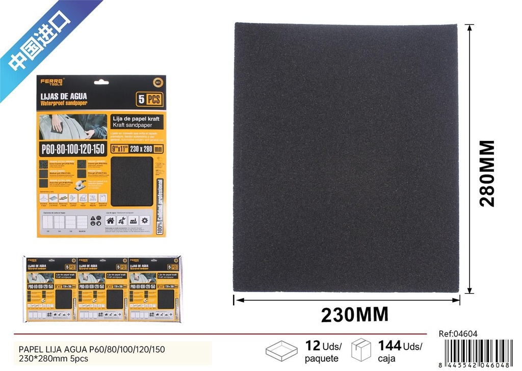 Papel lija agua P60/80/100/120/150 230x280 mm 5 piezas - Herramientas para acabado