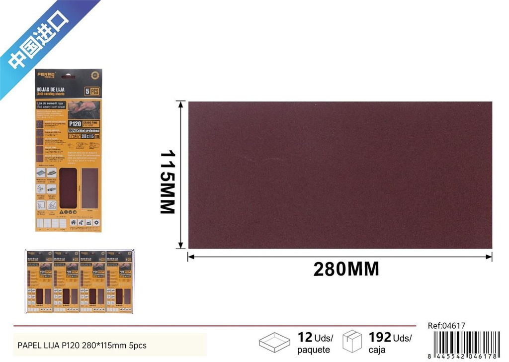 Papel Lija P120 280x115mm 5Pcs - Herramientas de Ferretería