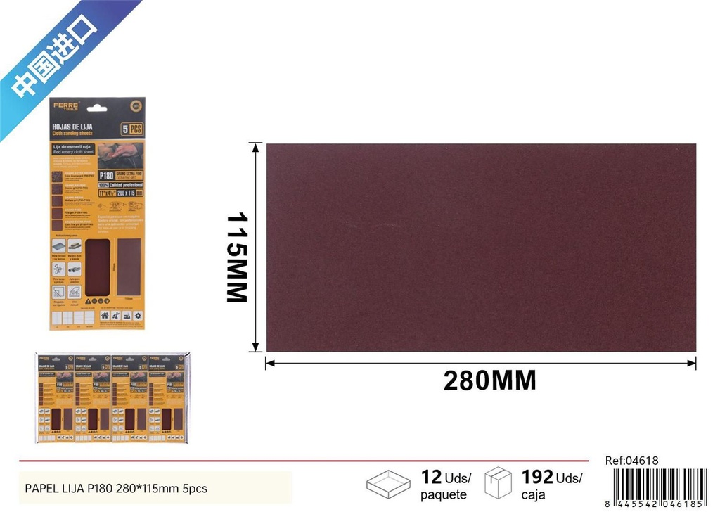 Papel Lija P180 280x115mm 5Pcs - Herramientas de Ferretería
