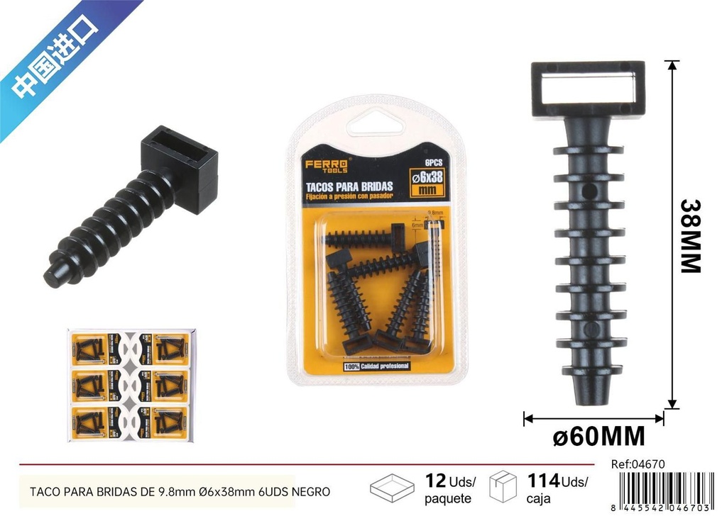 Taco negro para bridas de 9.8 mm 6 pcs - Accesorios de ferretería