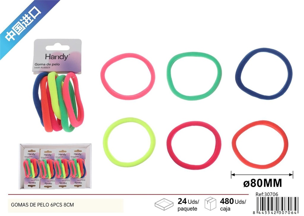 Gomas de pelo fluorescentes 6pcs 8cm - Accesorios de belleza y peinado