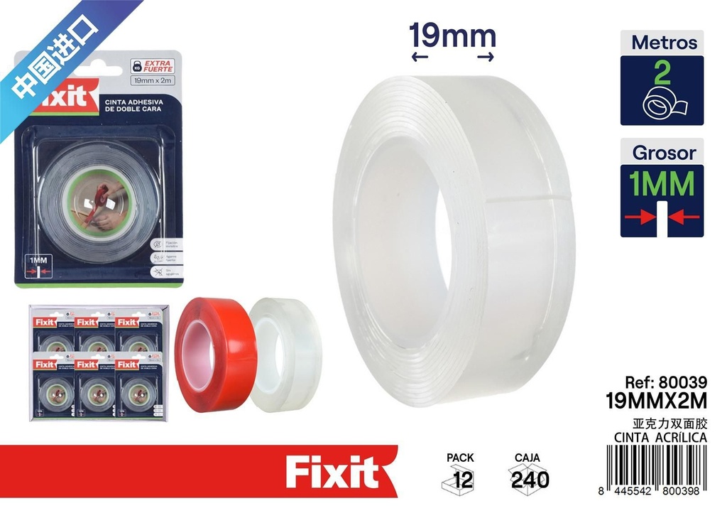 Cinta acrílica doble cara extra fuerte 1mm x 19mm x 2m para pegar