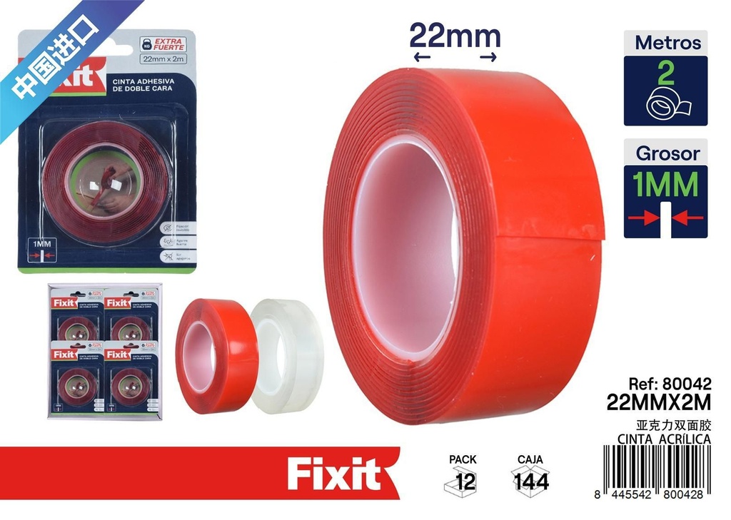 Cinta acrílica doble cara extra fuerte 1mm*22mm*2m - Cintas adhesivas