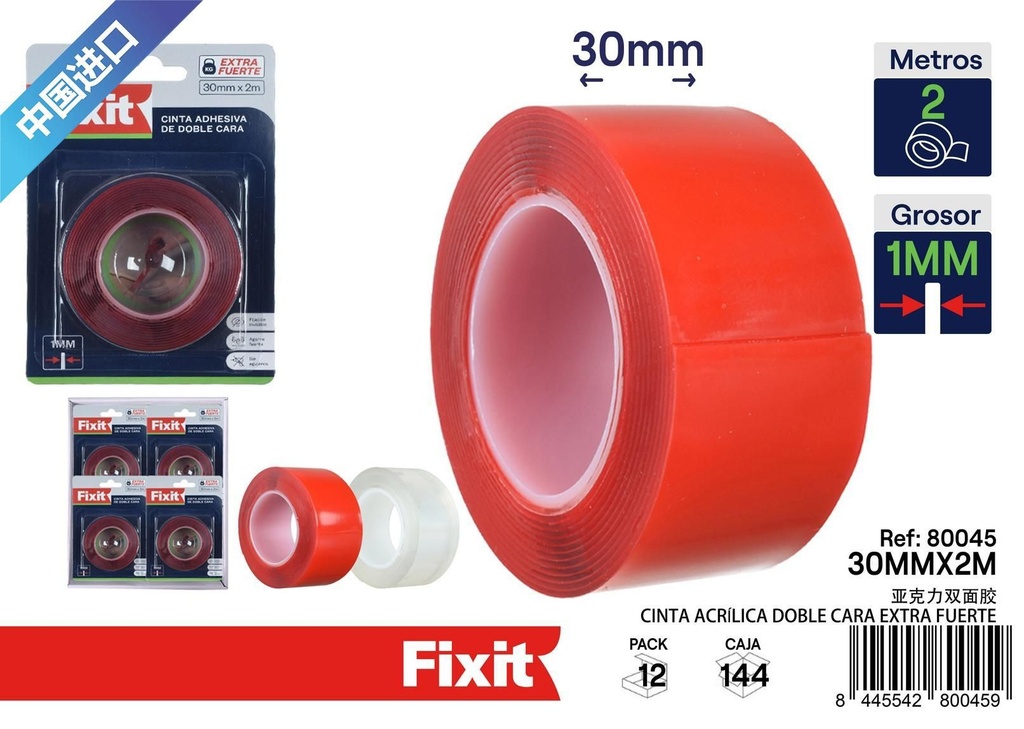 Cinta acrílica doble cara extra fuerte 30 mm x 2 m - Herramientas de manualidades