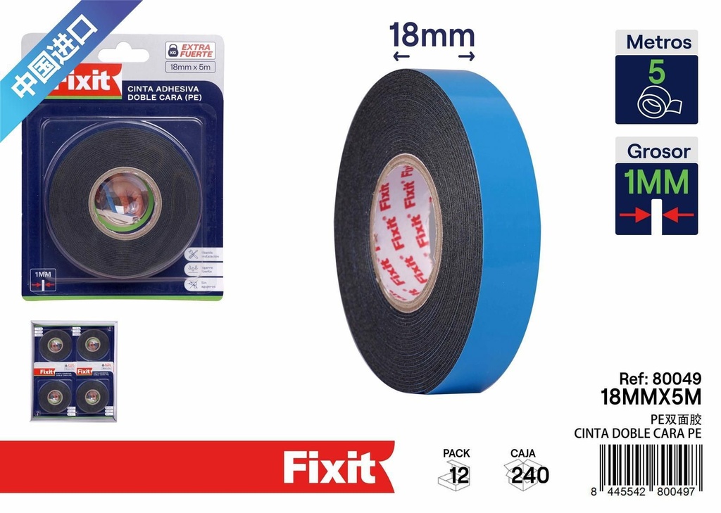 Cinta adhesiva doble cara PE 18 mm x 5 m - Cinta y adhesivos