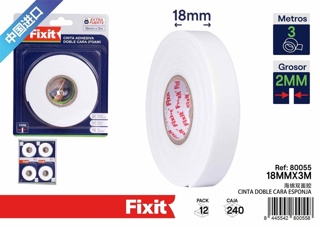 Cinta doble cara esponja 2MM 18MM X 3M - Artículos de ferretería