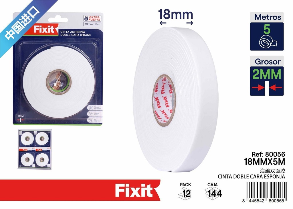 Cinta adhesiva doble cara esponja 2mm 18mm*5m para bricolaje