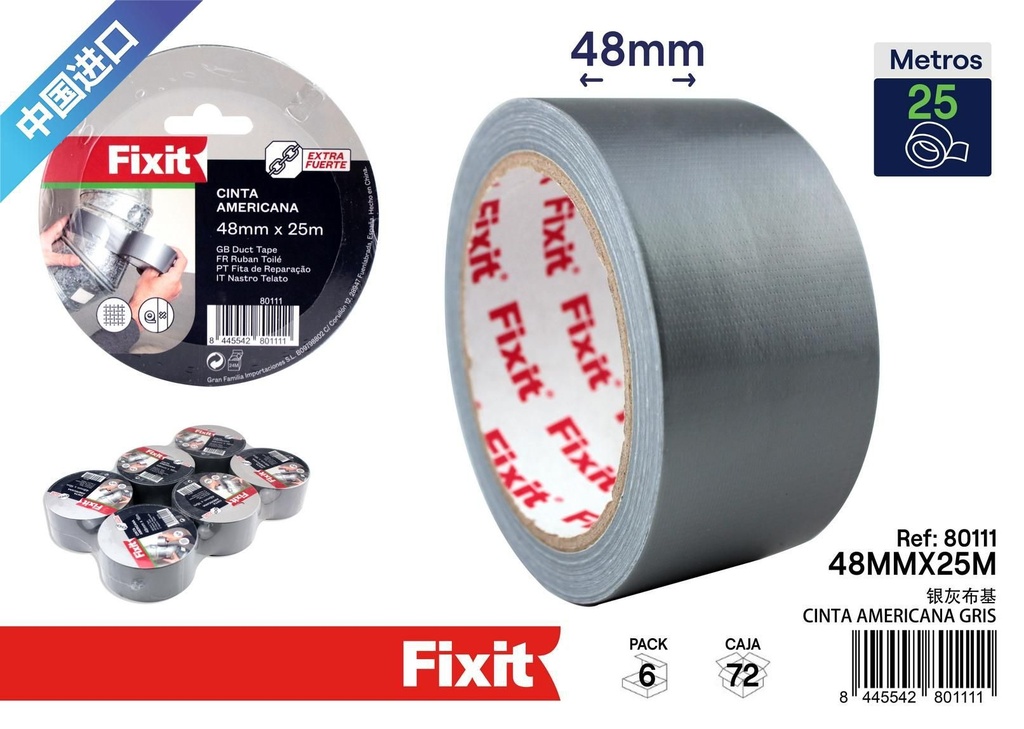 Cinta americana gris 48mmx25m para reparaciones y bricolaje