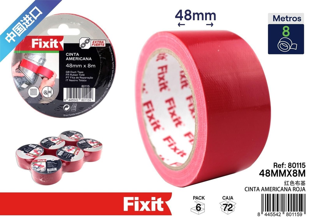 Cinta americana roja 48mmx8m - Materiales para manualidades