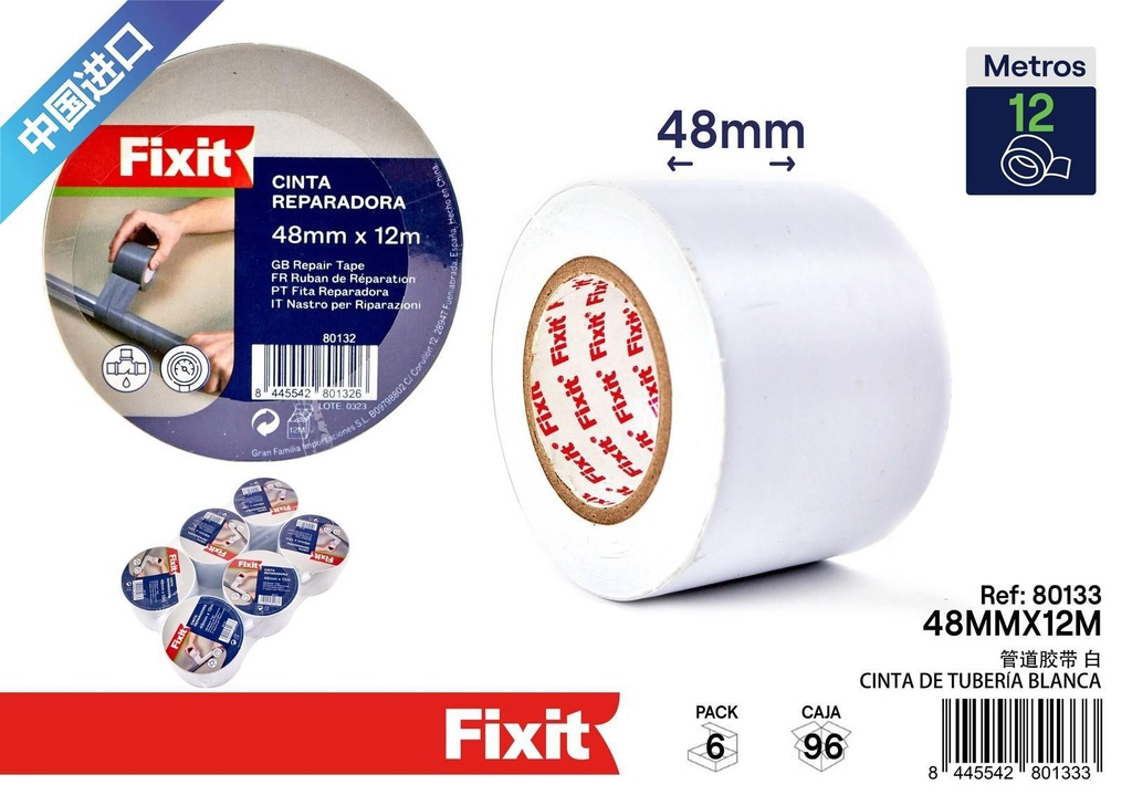 Cinta de tubería blanca 48mm x 12m para fontanería y reparaciones