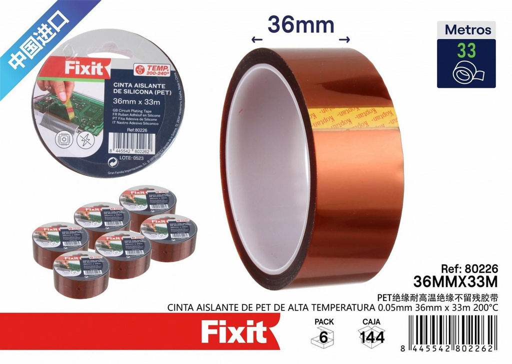 Cinta aislante de PET de alta temperatura 0.05mm 36mm x 33m - Herramientas de ferretería