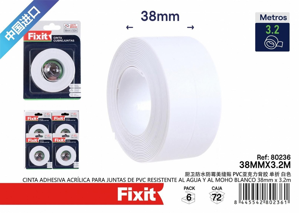 Cinta adhesiva acrílica para juntas de PVC resistente al agua 38mm*3.2m - Cintas adhesivas 