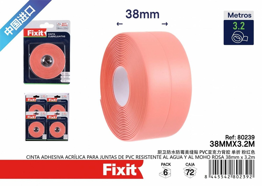 Cinta adhesiva acrílica para juntas de PVC resistente al agua rosa 38mm*3.2m - Cintas adhesivas