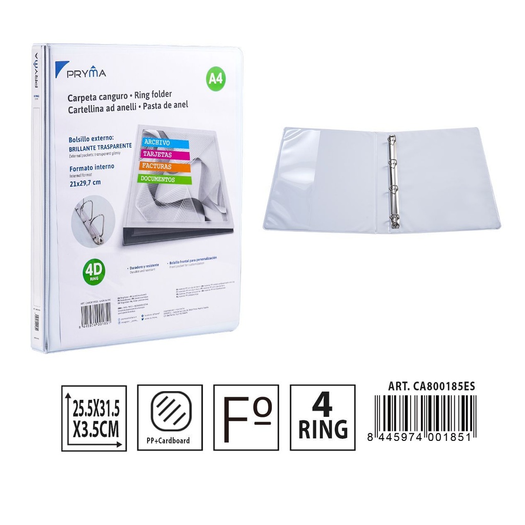 Carpeta canguro PP 4 anillas 255x315 mm - Artículos de papelería