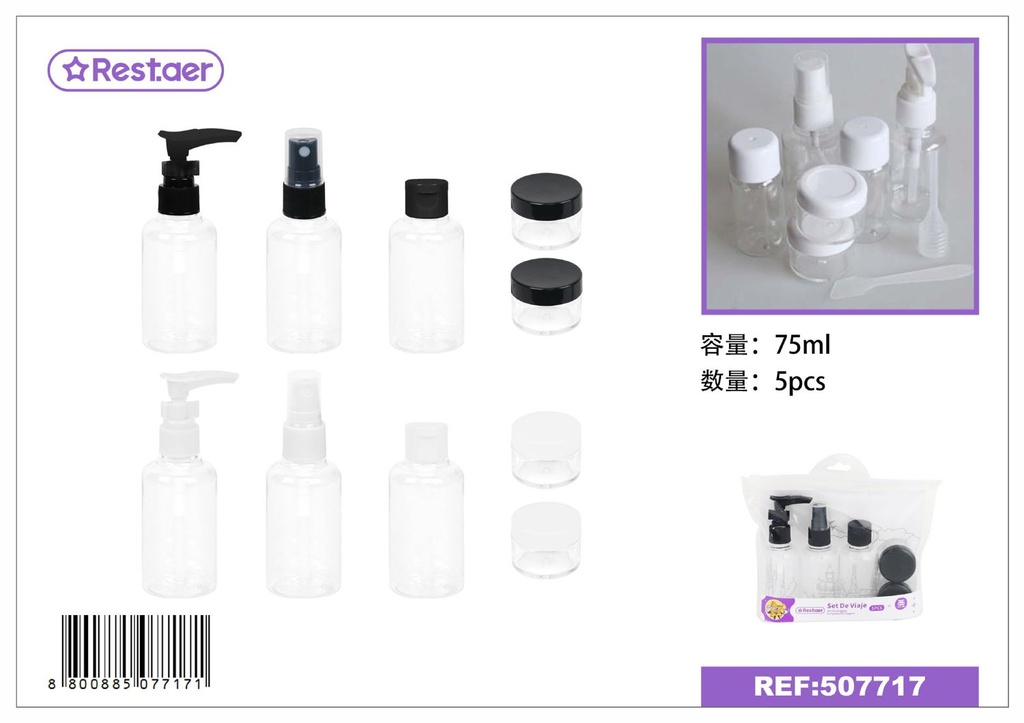 Set de viaje de 5 frascos para cosméticos (75ml) - Accesorios de belleza
