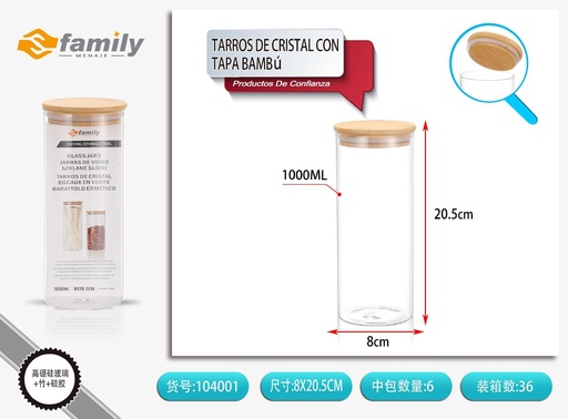 [104001] Tarros de vidrio con tapa de bambú 85*210 mm 1000 ml - Organizadores de cocina