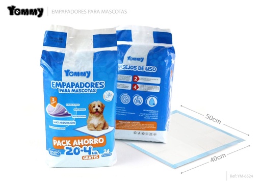 [YM6524] EMPAPADORES PARA MASCOTAS 40x50cm Pack 20+4 Ud Súper Absorbentes - Higiene Mascota