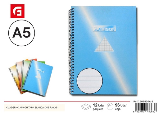 [1501830A-3] Cuaderno A5 80H tapa blanda dos rayas - Material escolar y cuadernos