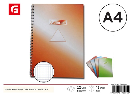 [1501840N-1] Cuaderno A4 50H tapa blanda cuadri 4x4 - Material escolar y cuadernos