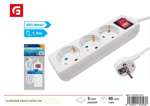 [170161323] Alargador 3 bases con interruptor 1.5m - Suministros eléctricos y regletas