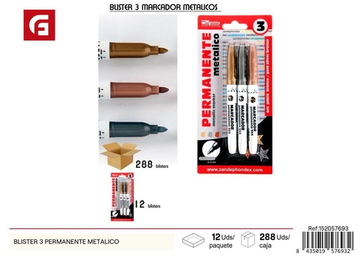[152057693] Pack de 3 marcadores permanentes metálicos - Material escolar