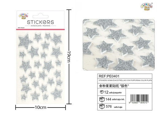 [PE0401] Pegatina de goma EVA estrellas con purpurina color plata 10x19 cm - Decoraciones navideñas