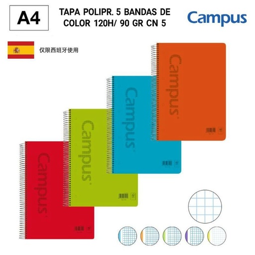 [A001108] BLOC espiral A4 120H/90GR CN 5 - Carpeta espiral con pasta dura para estudios