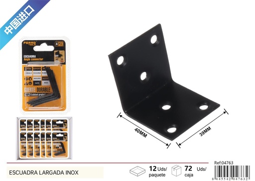 [04763] Escuadra cuadrada negra 2.0 mm 40x40x39 mm 4 piezas - Ferretería y herrajes
