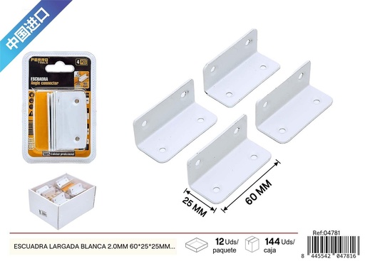 [04781] Escuadra alargada blanca de 2.0 mm (60x25x25 mm, pack de 4) - Accesorios de ferretería y soportes