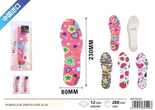 [30520] Plantilla de zapato de látex infantil con estampado de lona para tallas 26-36 - Plantillas para niños