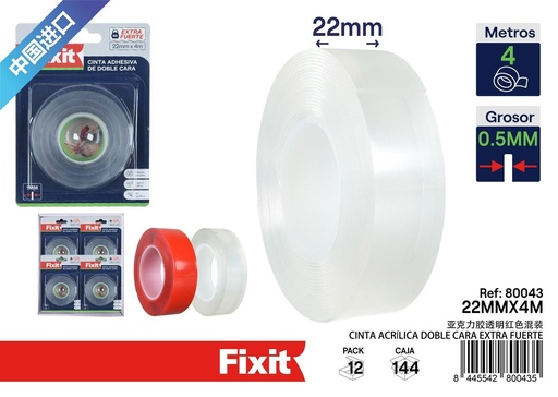 [80043] Cinta acrílica doble cara extra fuerte 1mm x 22mm x 4m - Cintas adhesivas y selladoras