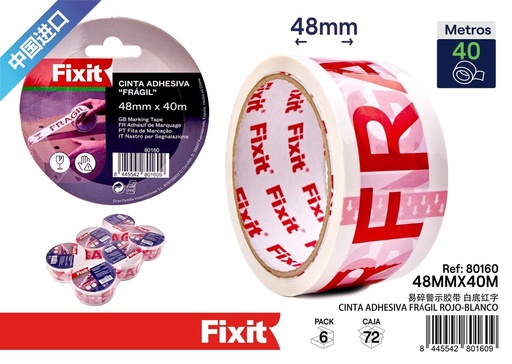 [80160] Cinta frágil roja y blanca 48mm*40m - Herramientas y productos de embalar