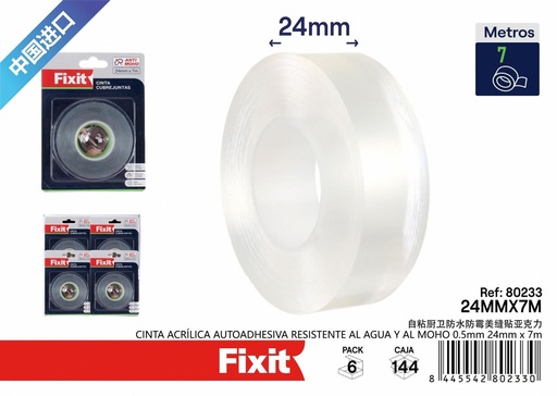 [80233] Cinta acrílica autoadhesiva resistente al agua y al moho 0.5mm x 24mm x 7m - Materiales para baño y cocina